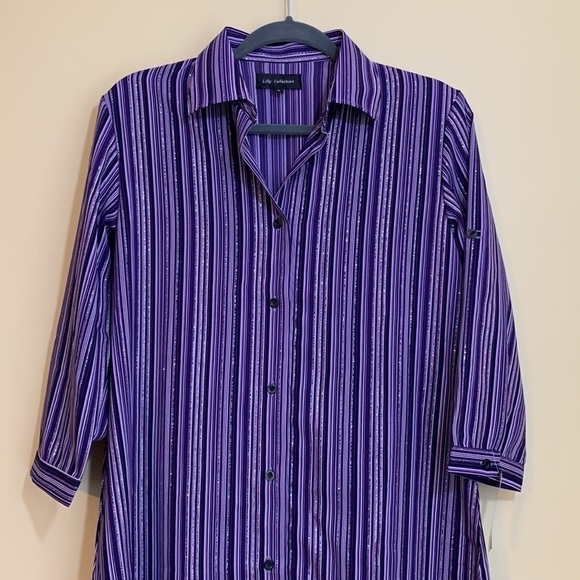 Lilly Collection | Purple Striped Button Down Metallic Thread Shirt Dress NWT S - Picture 4 of 17